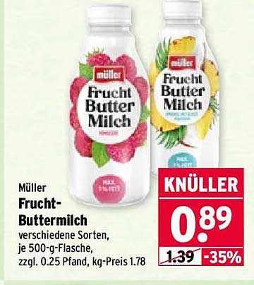 Müller Frucht-Buttermilch verschiedene Sorten, je 500-g-Flasche, zzgl. 0.25 Pfand, kg-Preis 1.78