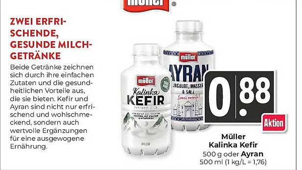 Müller Kalinka Kefir 500 g oder Ayran 500 ml (1 kg/L = 1,76)
