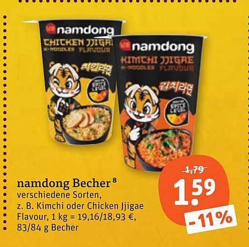 namdong Becher 8 verschiedene Sorten, z. B. Kimchi oder Chicken Jjigae Flavour, 1 kg = 19,16/18,93 €, 83/84 g Becher