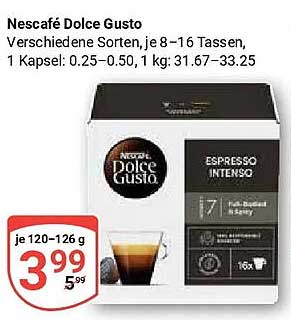 Nescafé Dolce Gusto Verschiedene Sorten, je 8–16 Tassen, 1 Kapsel. 0.25–0.50 | 1 kg: 31.67–33.25