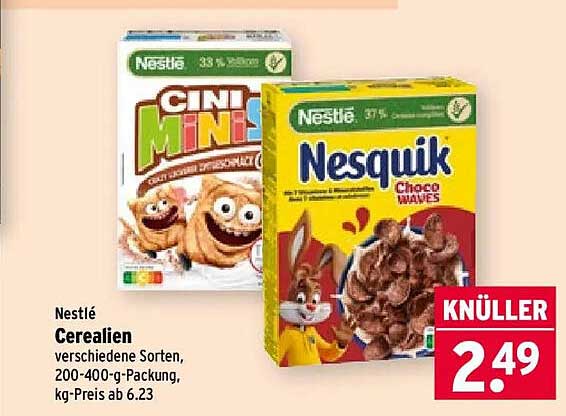 Nestlé Cerealien verschiedene Sorten, 200-400-g-Packung, kg-Preis ab 6.23