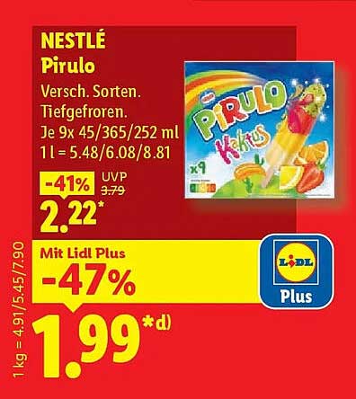 NESTLÉ Pirulo Versch. Sorten. Tiefgefroren. Je 9x 45/365/252 ml 1 l = 5.48/6.08/8.81