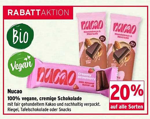 Nucao 100% vegane, cremige Schokolade mit fair gehandeltem Kakao und nachhaltig verpackt. Riegel, Tafelschokolade oder Snacks