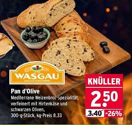 Pan d'Olive Mediterrane Weizenbrot-Spezialität, verfeinert mit Hirtenkäse und schwarzen Oliven, 300-g-Stück, kg-Preis 8.33