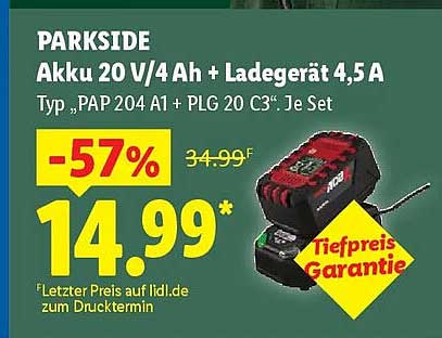 PARKSIDE Akku 20 V/4 Ah + Ladegerät 4,5 A Typ „PAP 20 A1 + PLG 20 C3“. Je Set