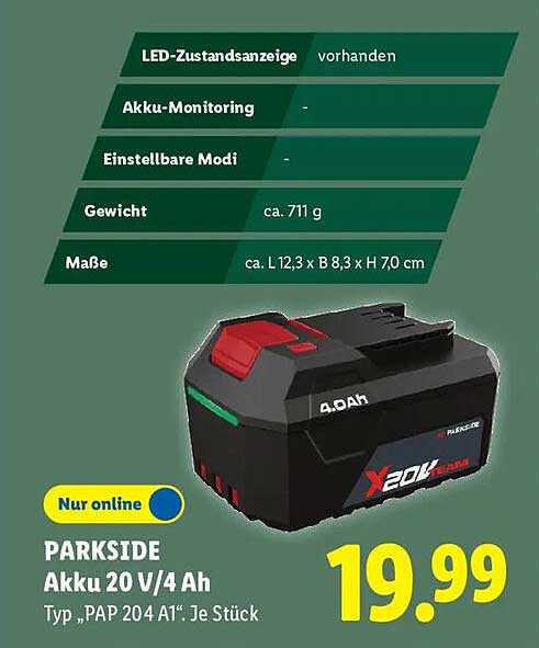 PARKSIDE Akku 20 V/4 Ah Typ „PAP 204 A1“. Je Stück