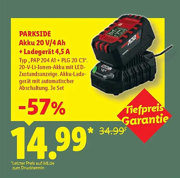 PARKSIDE Akku 20 V/4Ah + Ladegerät 4,5 A