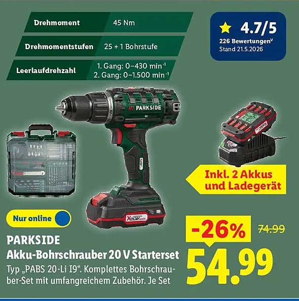 PARKSIDE Akku-Bohrschrauber 20 V Starterset