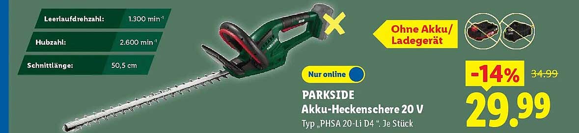 PARKSIDE Akku-Heckenschere 20 V Typ „PHSA 20-Li D4“. Je Stück