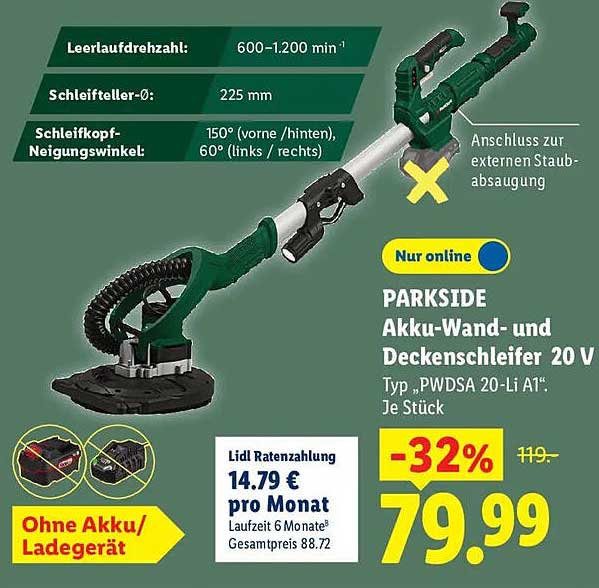 PARKSIDE Akku-Wand- und Deckenschleifer 20 V