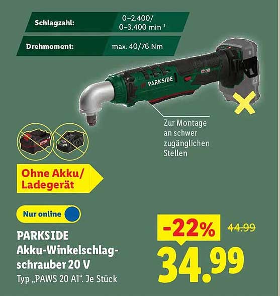 PARKSIDE Akku-Winkelschlagschrauber 20 V Typ „PAWS 20 A1“. Je Stück
