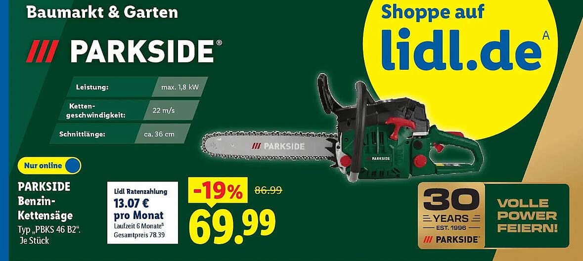 PARKSIDE Benzin-Kettensäge Typ „PBKS 46 B2“ Je Stück