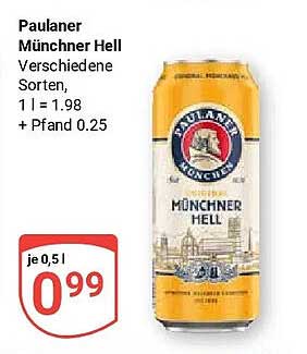 Paulaner Münchner Hell Verschiedene Sorten, 1 l = 1.98 + Pfand 0.25