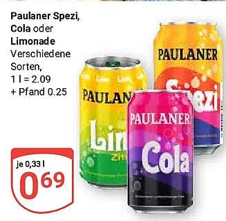 Paulaner Spezi, Cola oder Limonade Verschiedene Sorten, 1 l = 2.09 + Pfand 0.25