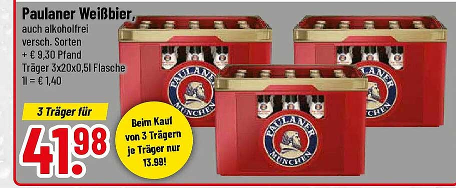Paulaner Weißbier, auch alkoholfrei versch. Sorten + € 9,30 Pfand Träger 3x20x0,5l Flasche 1l = € 1,40