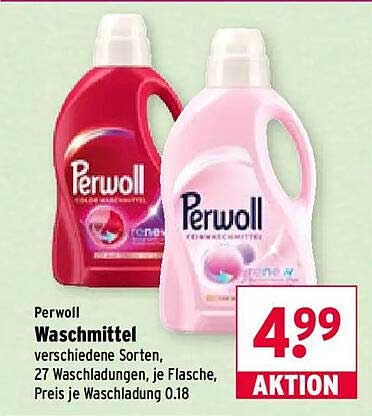 Perwoll Waschmittel verschiedene Sorten, 27 Waschladungen, je Flasche, Preis je Waschladung 0.18