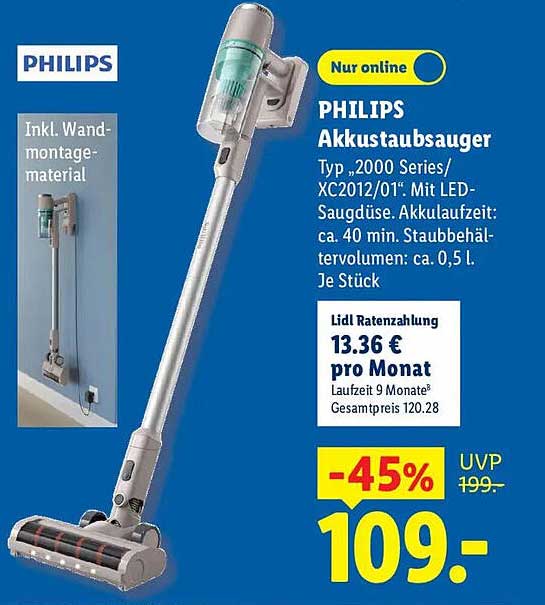PHILIPS Akkustaubsauger Typ „2000 Series/ XC2012/01“. Mit LED-Saugdüse. Akkulaufzeit: ca. 40 min. Staubbehältervolumen: ca. 0,5 l. Je Stück