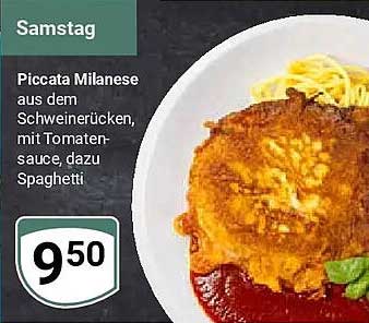 Piccata Milanese aus dem Schweinerücken, mit Tomatensauce, dazu Spaghetti