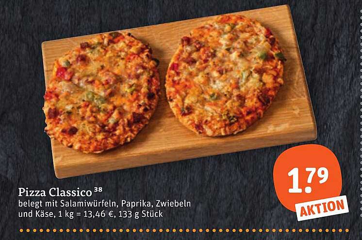 Pizza Classico 38 belegt mit Salamiwürfeln, Paprika, Zwiebeln und Käse, 1 kg = 13,46 €, 133 g Stück