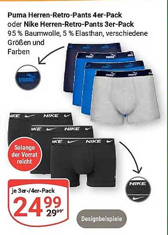 Puma Herren-Retro-Pants 4er-Pack oder Nike Herren-Retro-Pants 3er-Pack