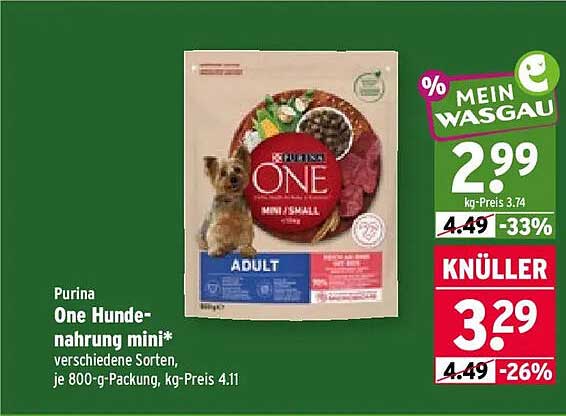 Purina One Hundenahrung mini* verschiedene Sorten, je 800-g-Packung, kg-Preis 4.11