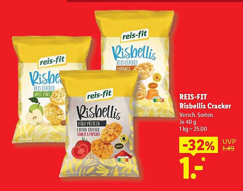 REIS-FIT Risbellis Cracker Versch. Sorten. Je 40 g 1 kg = 25.00