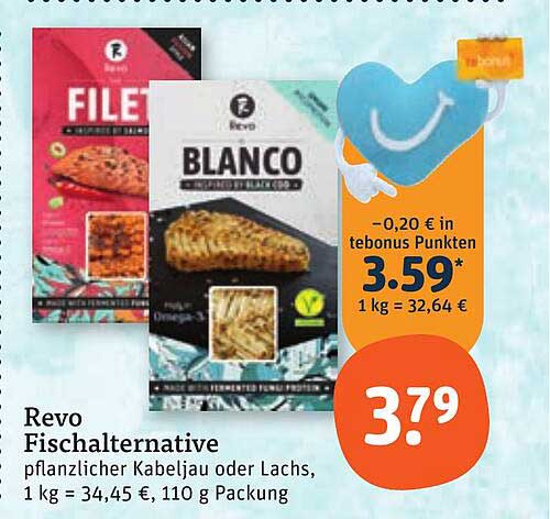 Revo Fischalternative pflanzlicher Kabeljau oder Lachs, 1 kg = 34,45 €, 110 g Packung