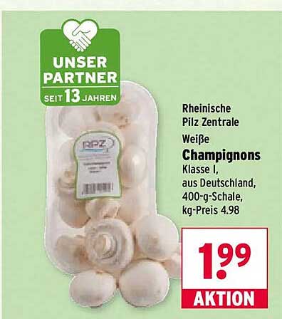 Rheinische Pilz Zentrale Weiße Champignons Klasse I, aus Deutschland, 400-g-Schale, kg-Preis 4.98
