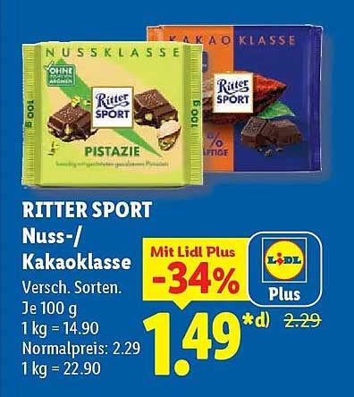 RITTER SPORT Nuss-/Kakaoklasse Versch. Sorten. Je 100 g