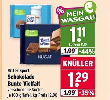 Ritter Sport Schokolade Bunte Vielfalt verschiedene Sorten, je 100-g-Tafel, kg-Preis 12.90