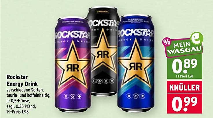 Rockstar Energy Drink verschiedene Sorten, taurinhaltig und koffeinhaltig, je 0,5-l-Dose, zzgl. 0,25 Pfand, 1-l-Preis 1.98