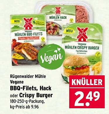 Rügenwalder Mühle Vegane BBQ-Filets, Hack oder Crispy Burger 180-250-g-Packung, kg-Preis ab 9.96