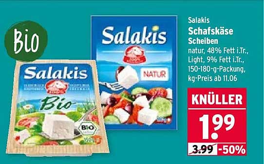 Salakis Schafskäse Scheiben natur, 48% Fett i.Tr., Light, 9% Fett i.Tr., 150-180-g-Packung, kg-Preis ab 11.06