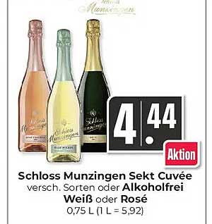 Schloss Munzingen Sekt Cuvée versch. Sorten oder Alkoholfrei Weiß oder Rose 0,75 L (1 L = 5,92)