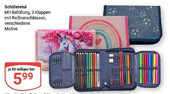 Schuletui
Mit Befüllung, 3 Klappen
mit Reißverschlüssen,
verschiedene
Motive