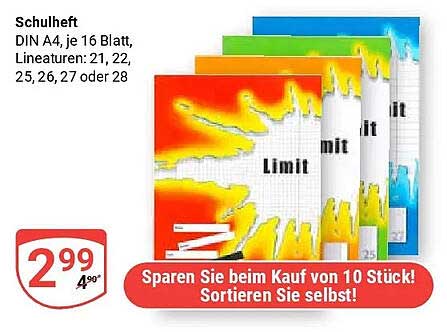 Schulheft DIN A4, je 16 Blatt, Lineaturen: 21, 22, 25, 26, 27 oder 28