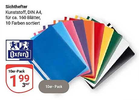 Sichthefter Kunststoff, DIN A4, für ca. 160 Blätter, 10 Farben sortiert