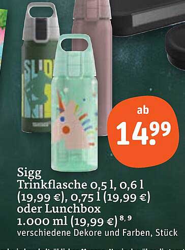 Sigg Trinkflasche 0,5 l, 0,6 l (19,99 €), 0,75 l (19,99 €) oder Lunchbox 1.000 ml (19,99 €)