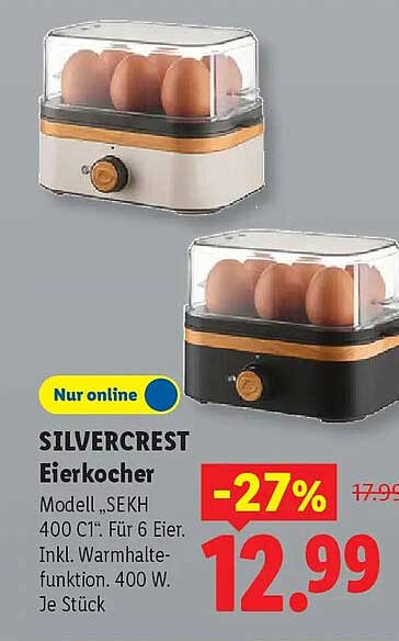 SILVERCREST Eierkocher Modell „SEKH 400 C1“: Für 6 Eier. Inkl. Warmhaltefunktion. 400 W. Je Stück