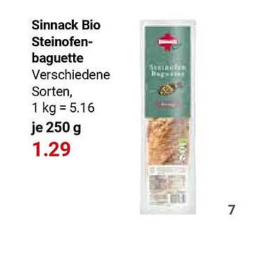 Sinnack Bio Steinofenbaguette Verschiedene Sorten, 1 kg = 5.16 je 250 g
