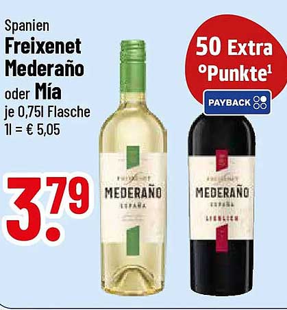 Spanien Freixenet Mederaño oder Mía je 0,75l Flasche 1l = € 5,05