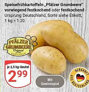 Speisefrühkartoffeln „Pfälzer Grumbeere“ vorwiegend festkochend oder festkochend