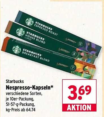 Starbucks Nespresso-Kapseln* verschiedene Sorten, je 10er-Packung, 51-57-g-Packung, kg-Preis ab 64.74