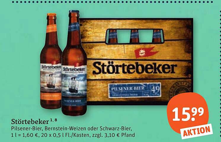 Störtebeker Pilsener-Bier, Bernstein-Weizen oder Schwarz-Bier, 1 l = 1,60 €, 20 x 0,5 l Fl./Kasten, zzgl. 3,10 € Pfand