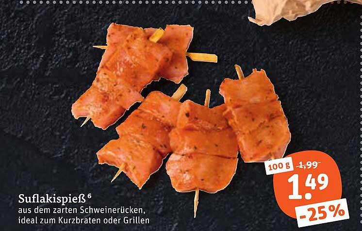Suflaki­spieß aus dem zarten Schweinerücken, ideal zum Kurzbraten oder Grillen