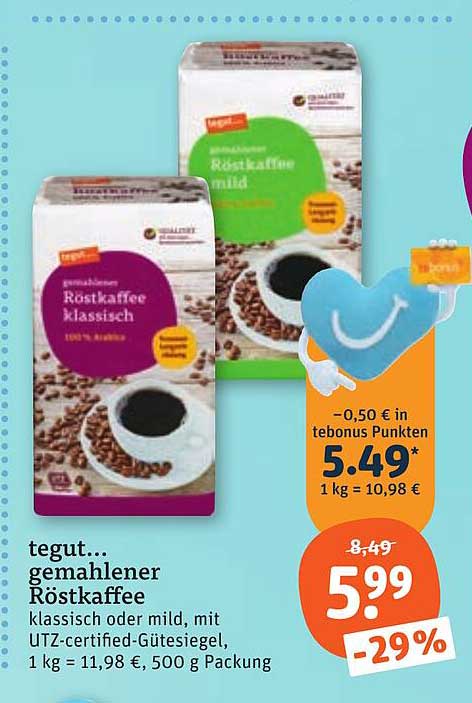 tegut... gemahlener Röstkaffee klassisch oder mild, mit UTZ-certified-Gütesiegel, 1 kg = 11,98 €, 500 g Packung