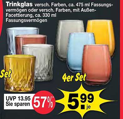 Trinkglas versch. Farben, ca. 475 ml Fassungsvermögen oder versch. Farben, mit Außen-Facettierung, ca. 330 ml Fassungsvermögen