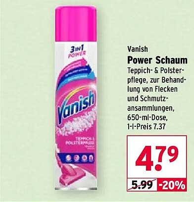 Vanish Power Schaum Teppich- & Polsterpflege, zur Behandlung von Flecken und Schmutzansammlungen, 650-ml-Dose, 1l-Preis 7.37
