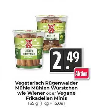 Vegetarisch Rügenwalder Mühle Mühlen Würstchen wie Wiener oder Vegane Frikadellen Minis 165 g (1 kg = 15,09)