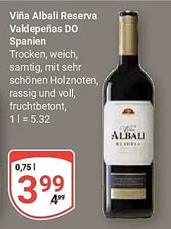 Viña Albali Reserva Valdepeñas DO Spanien Trocken, weich, samtig, mit sehr schönen Holznoten, rassig und voll, fruchtbetont, 1 l = 5.32